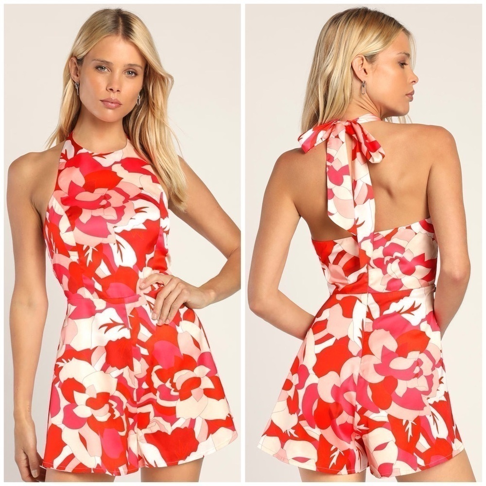 LULU’S Instantly Iconic Red Abstract Print Satin Halter Romper